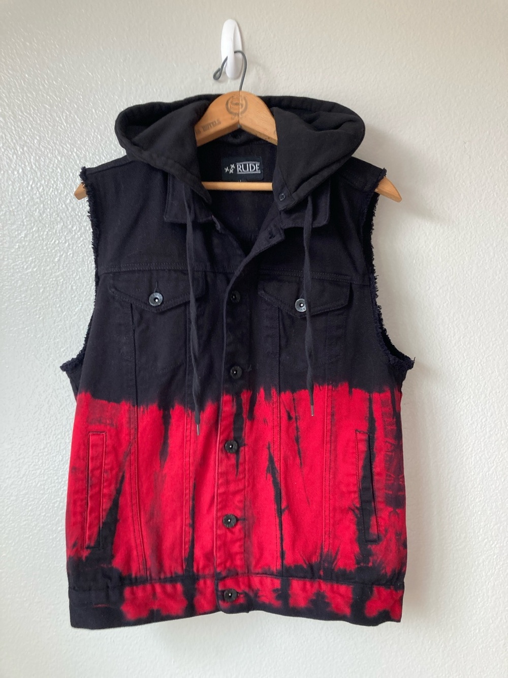 XXX Rude hot topic denim tie dye removable hood vest goth punk rockabilly sz M